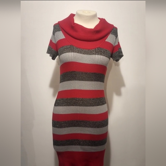Derek Heart Red Black And Gray Knit Cowl Neck Sweater Dress Size L - Picture 1 of 4